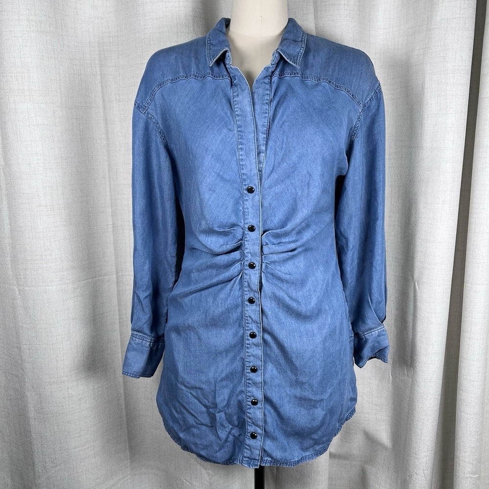 Free People Charlie Pearl Snap Buttons Denim Shirt Dress Women's Medium Ruched